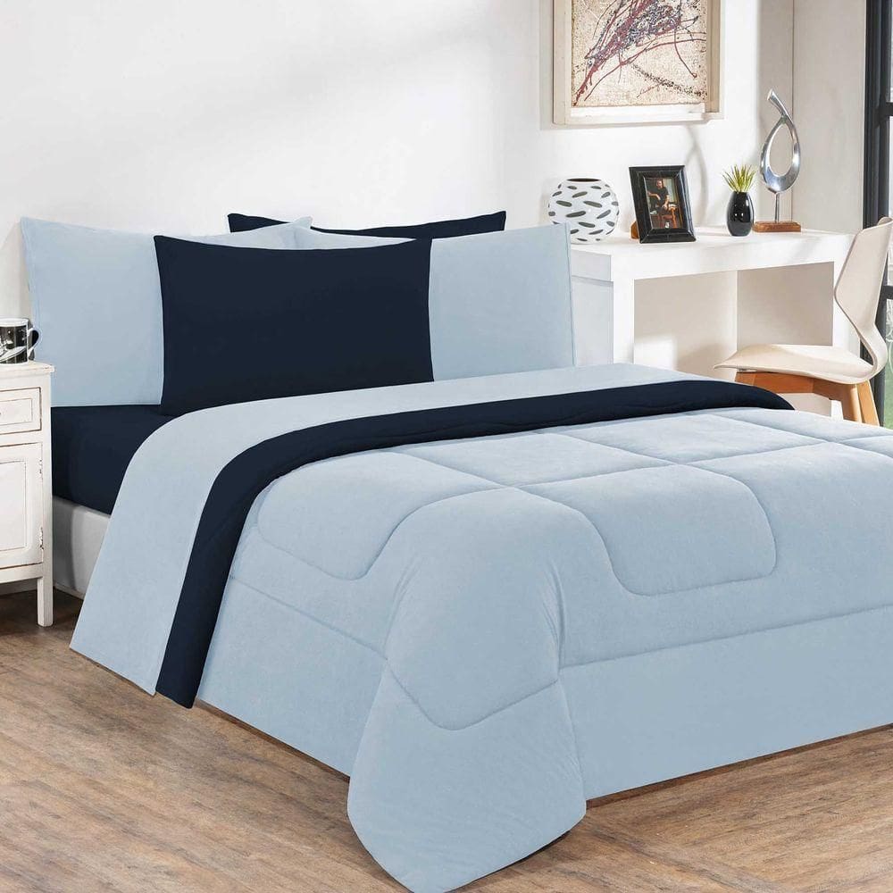 Kit Edredom + Jogo De Lençol 100% Algodão Gran Moratta 6 Peças Queen Azul Bebê-azul Marinho