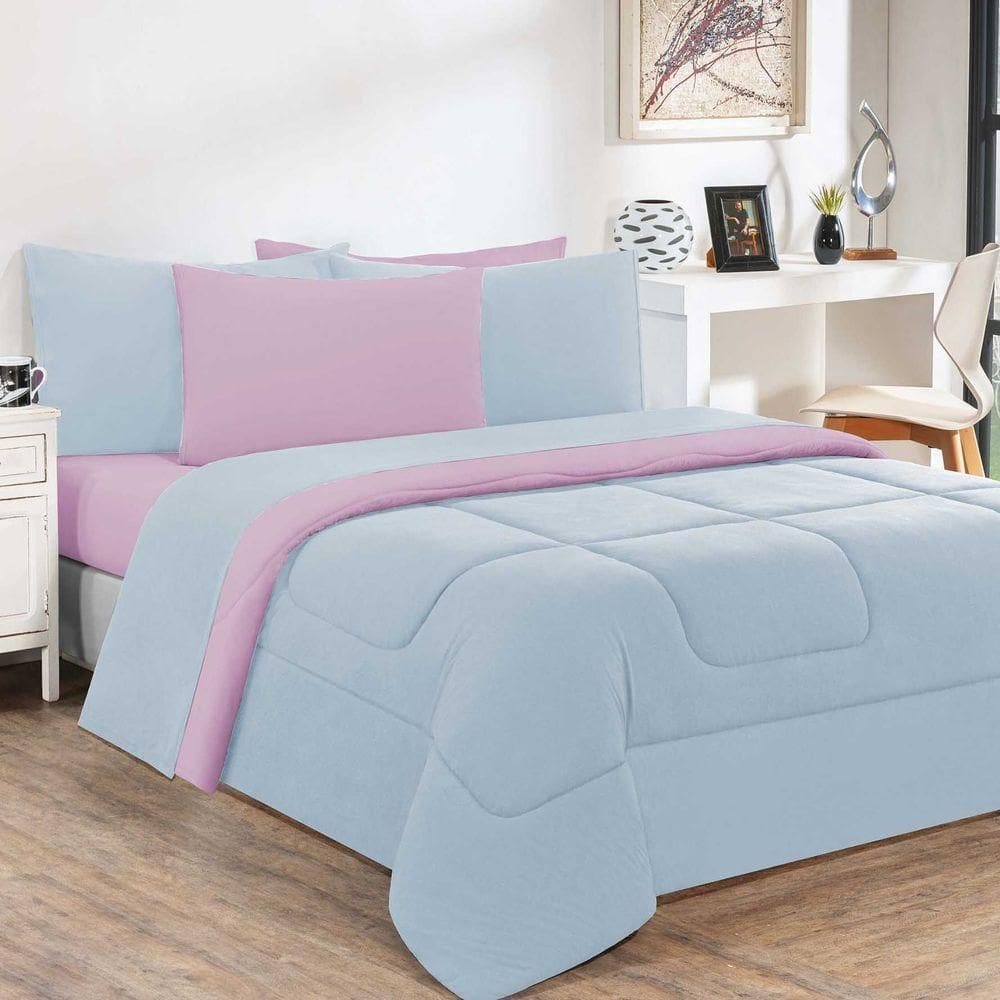 Kit Edredom + Jogo De Lençol 100% Algodão Gran Moratta 5 Peças Solteiro Azul Bebê-rosa Bebê