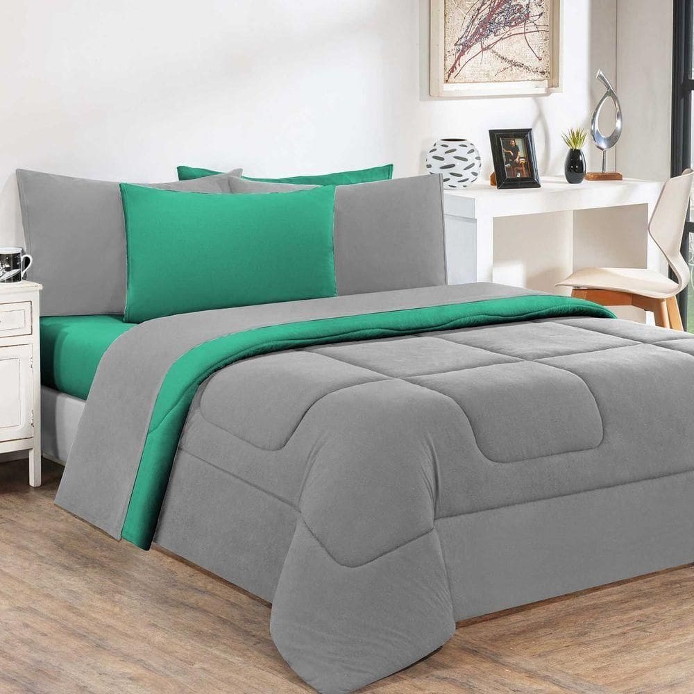 Kit Edredom + Jogo De Lençol 100% Algodão Gran Moratta 6 Peças King Cinza-verde Jade