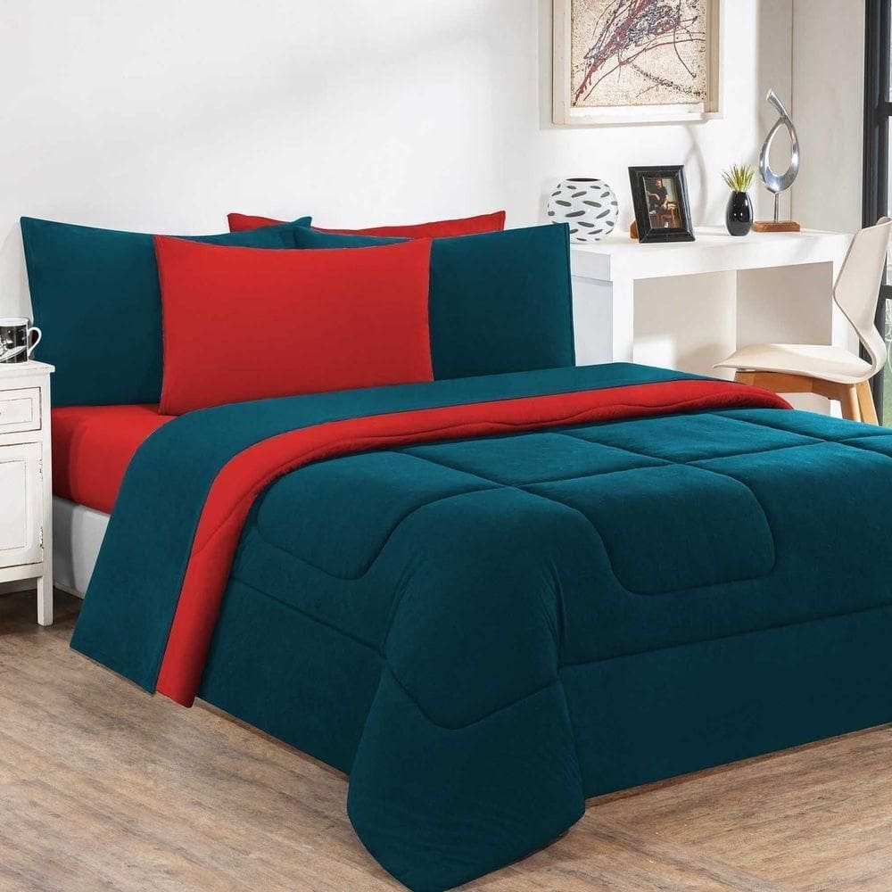 Kit Edredom + Jogo De Lençol 100% Algodão Gran Moratta 7 Peças Queen Azul Petróleo-vermelho