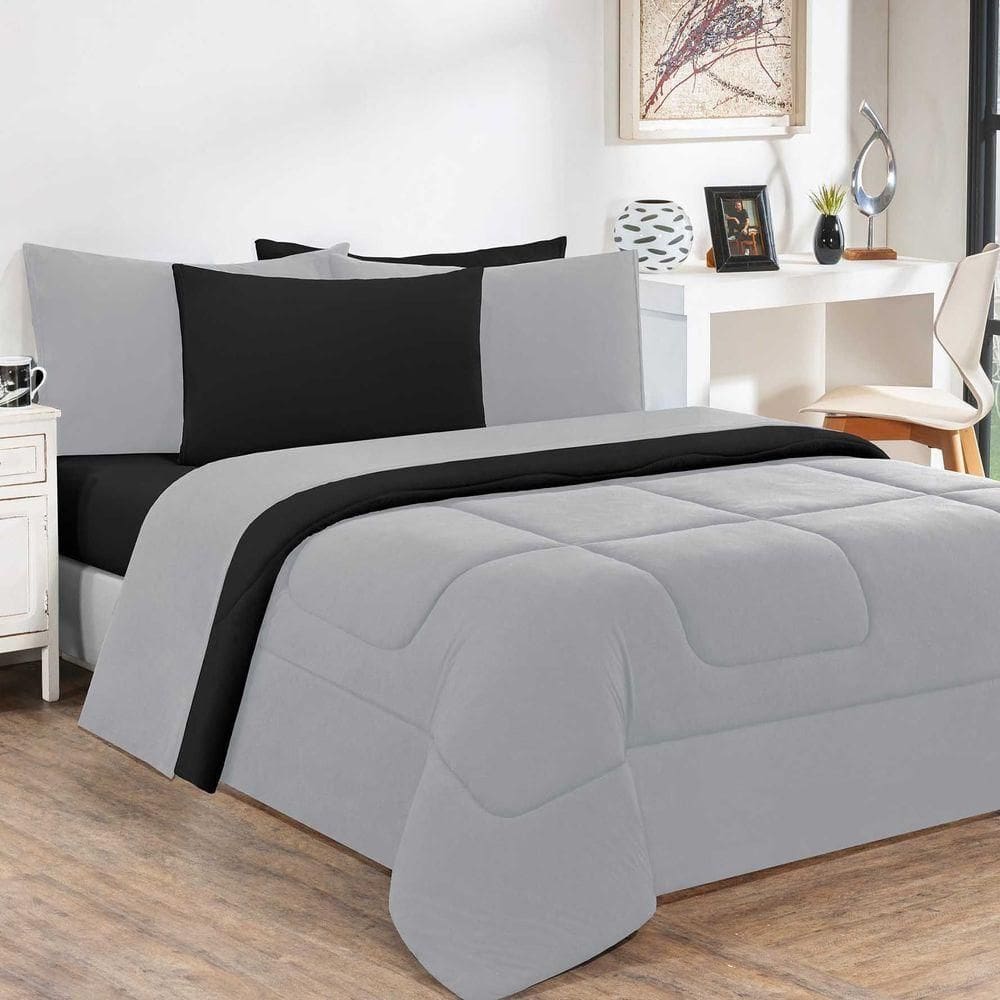 Kit Edredom + Jogo De Lençol Malha 100% Algodão Gran Moratta 4 Peças Solteiro - Cinza-preto