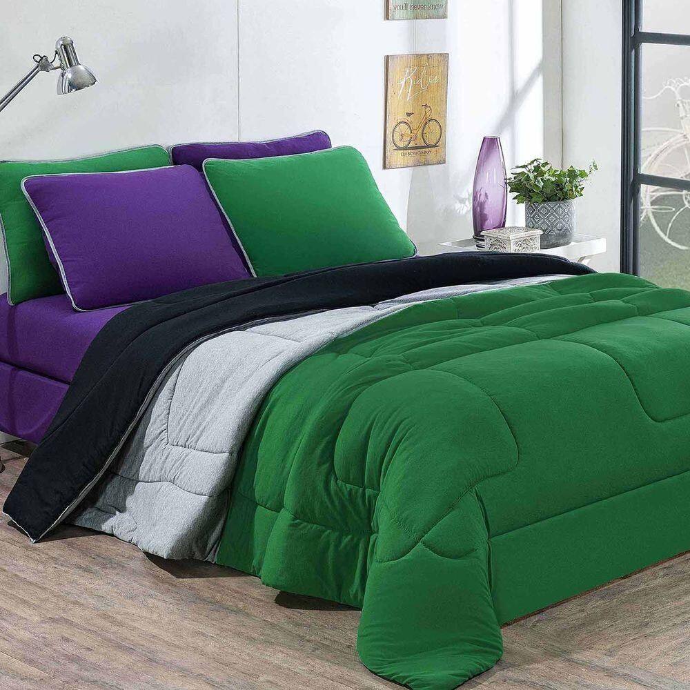 Kit Edredom + Jogo De Lençol Malha 100% Algodão Urbano 6 Peças King - Verde Bandeira-mescla-roxo