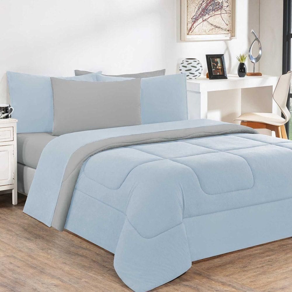 Kit Edredom + Jogo De Lençol 100% Algodão Gran Moratta 6 Peças King Azul Bebê-cinza