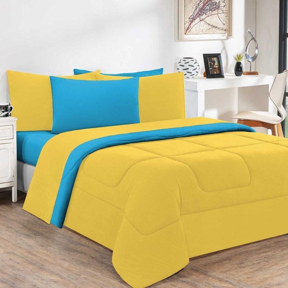 Kit Edredom + Jogo De Lençol Malha 100% Algodão Gran Moratta 4 Peças Solteiro - Amarelo-azul Turquesa