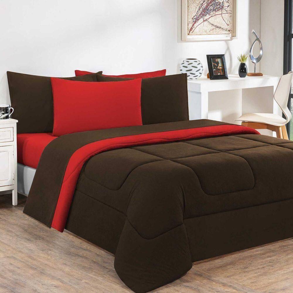 Kit Edredom + Jogo De Lençol 100% Algodão Gran Moratta 7 Peças Queen Marrom-vermelho