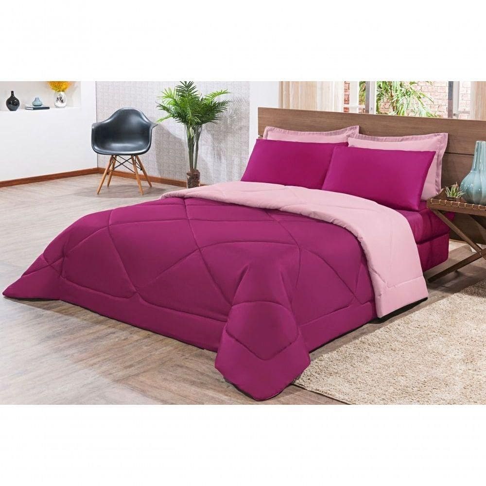 Kit Edredom + Jogo De Lençol Aconchego Look House Dupla Face Solteiro 04 Peças - Pink E Rosa