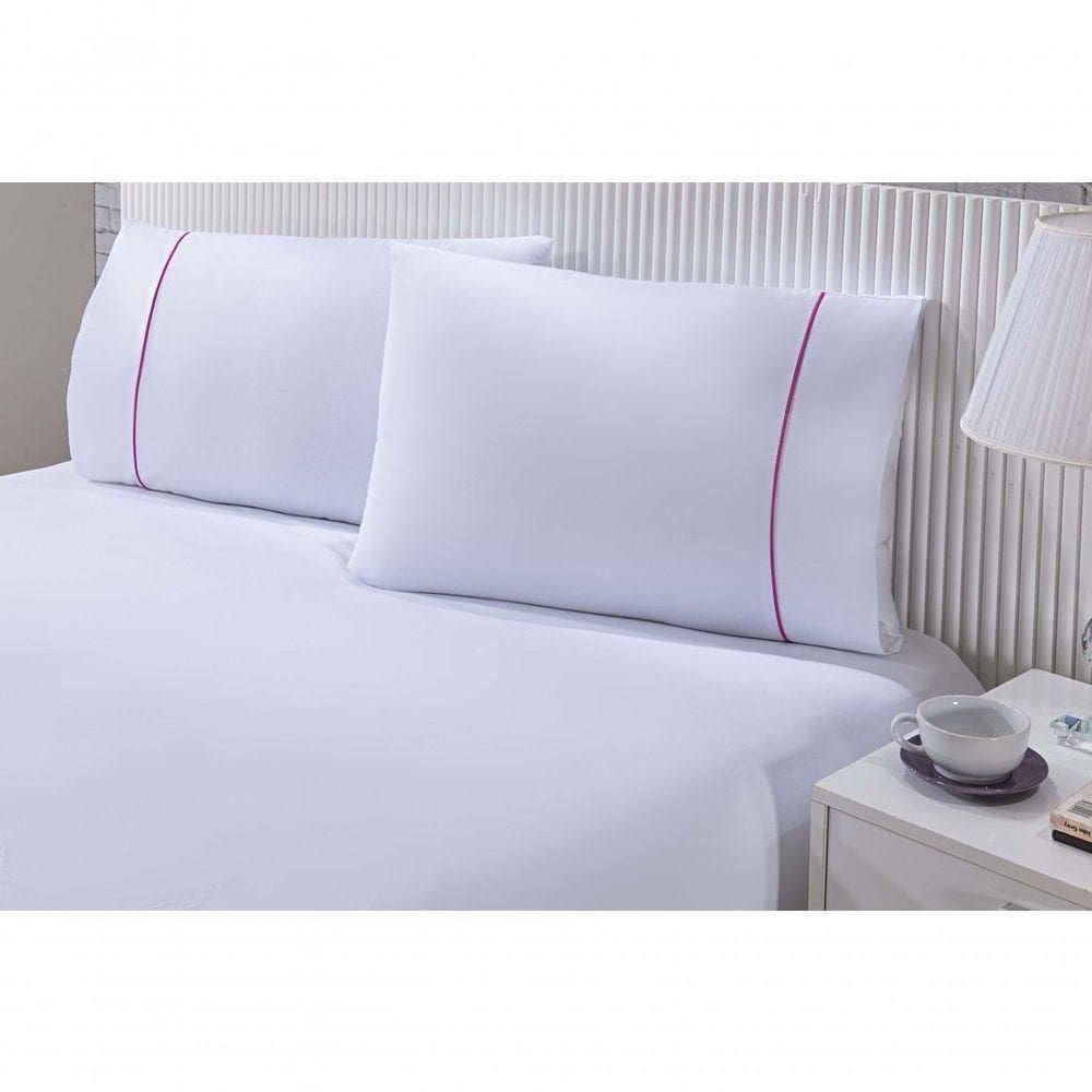 Jogo De Cama 100% Algodão Percal 150 Fios Solteiro Gran Moratta 2 Peças Branco E Detalhe Rosa