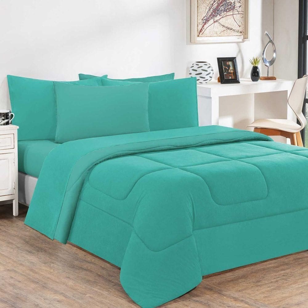Kit Edredom + Jogo De Lençol Malha 100% Algodão Gran Moratta 7 Peças King - Verde Jade-verde Jade