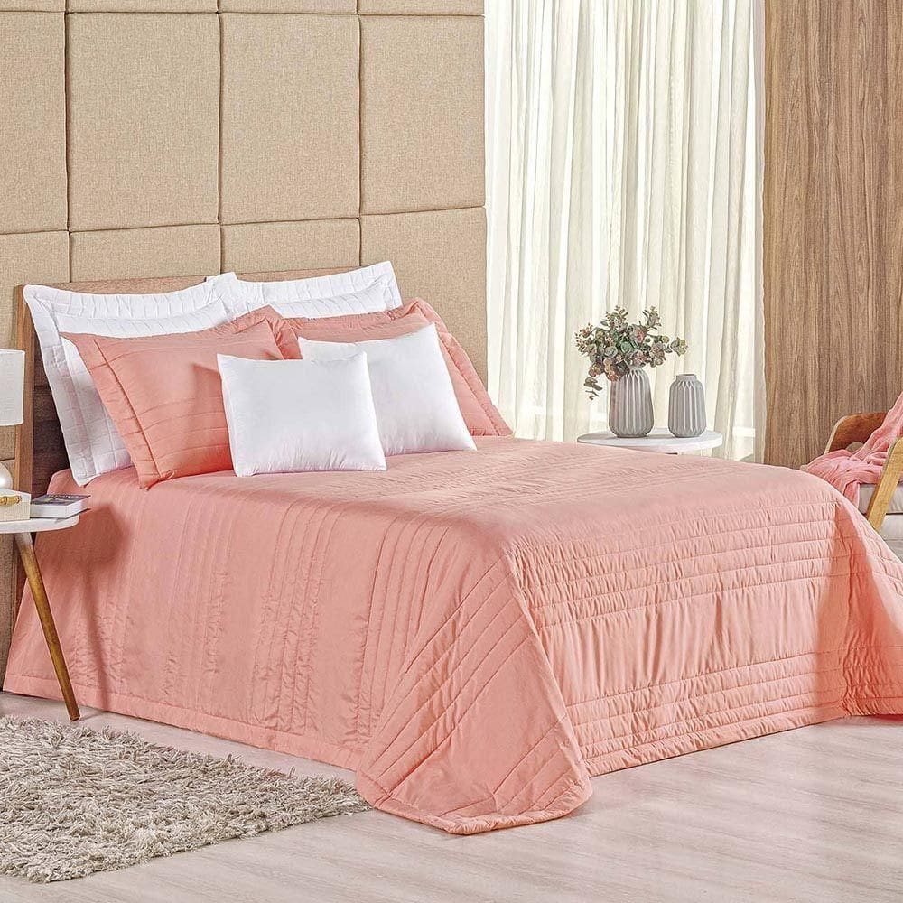 Kit Cobre Leito Colcha Dobby Queen 3 Peças Matelado 180 Fios - Goiaba