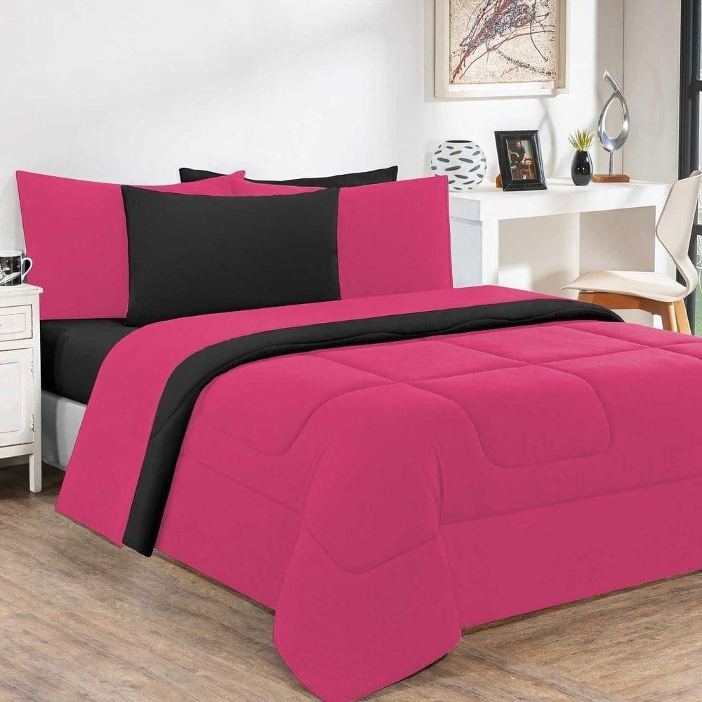 Kit Edredom + Jogo De Lençol Malha 100% Algodão Gran Moratta 7 Peças Casal - Pink -preto