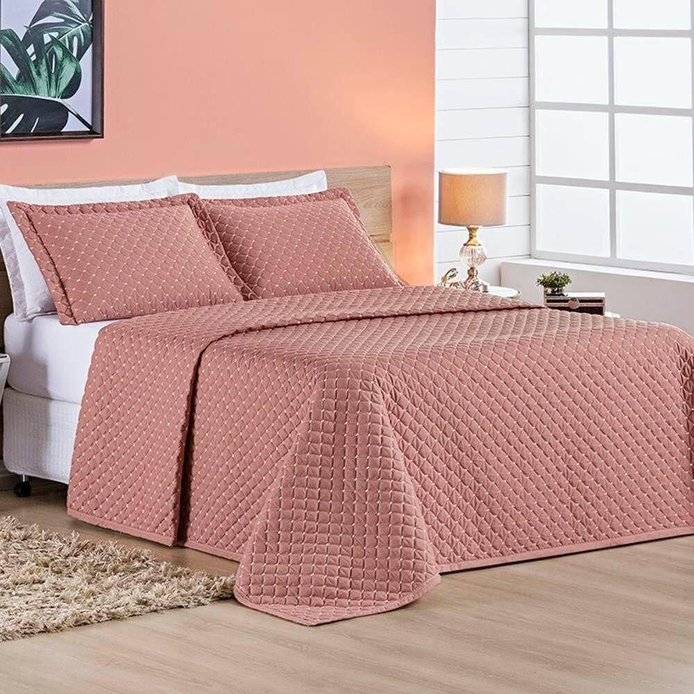 Cobre Leito Casal Padrão Ravena Bordado Micropercal 200 Fios 3 Peças - Rose