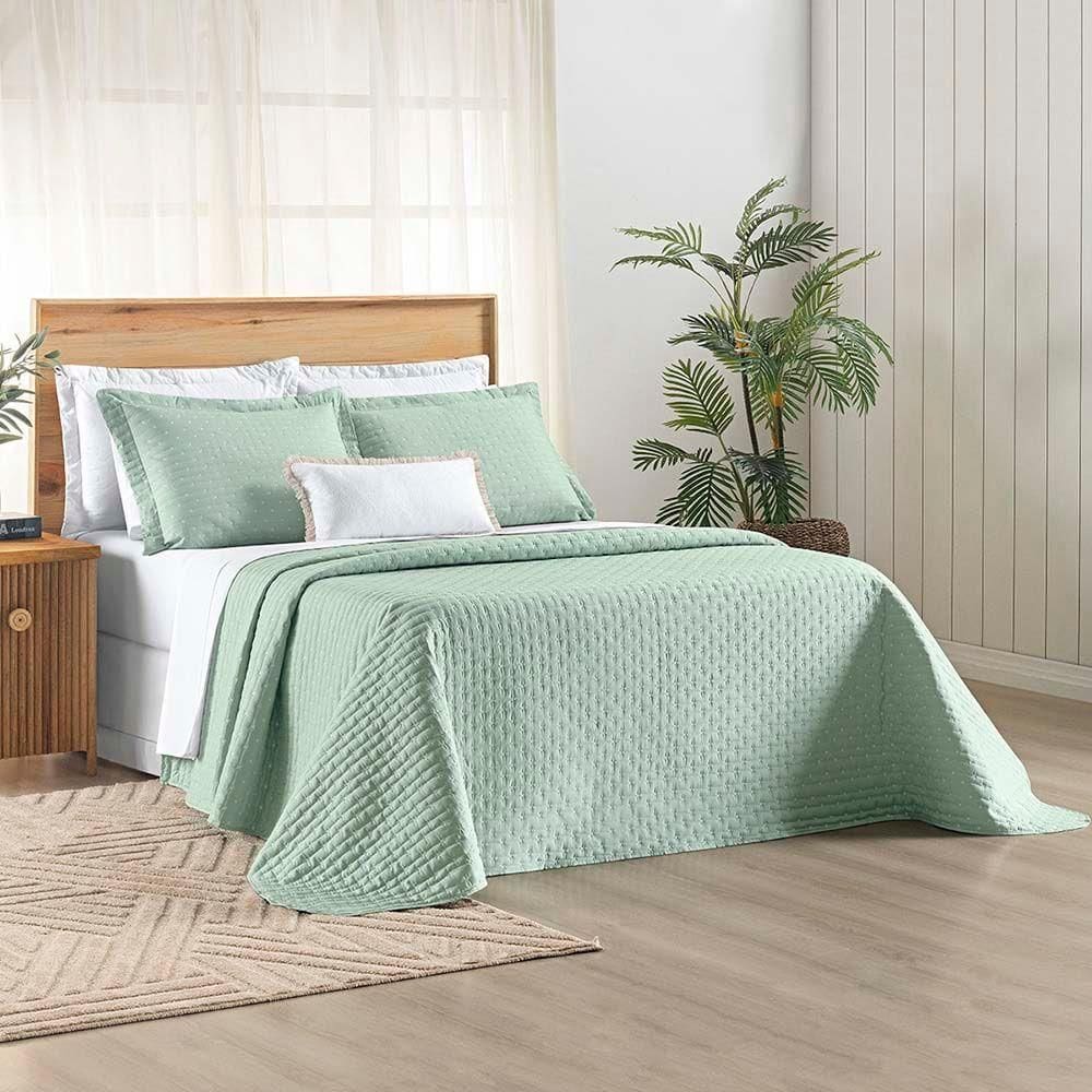 Kit Cobre Leito Colcha Quality Queen 3 Peças Percale 200 Fios Bordado - Verde Menta