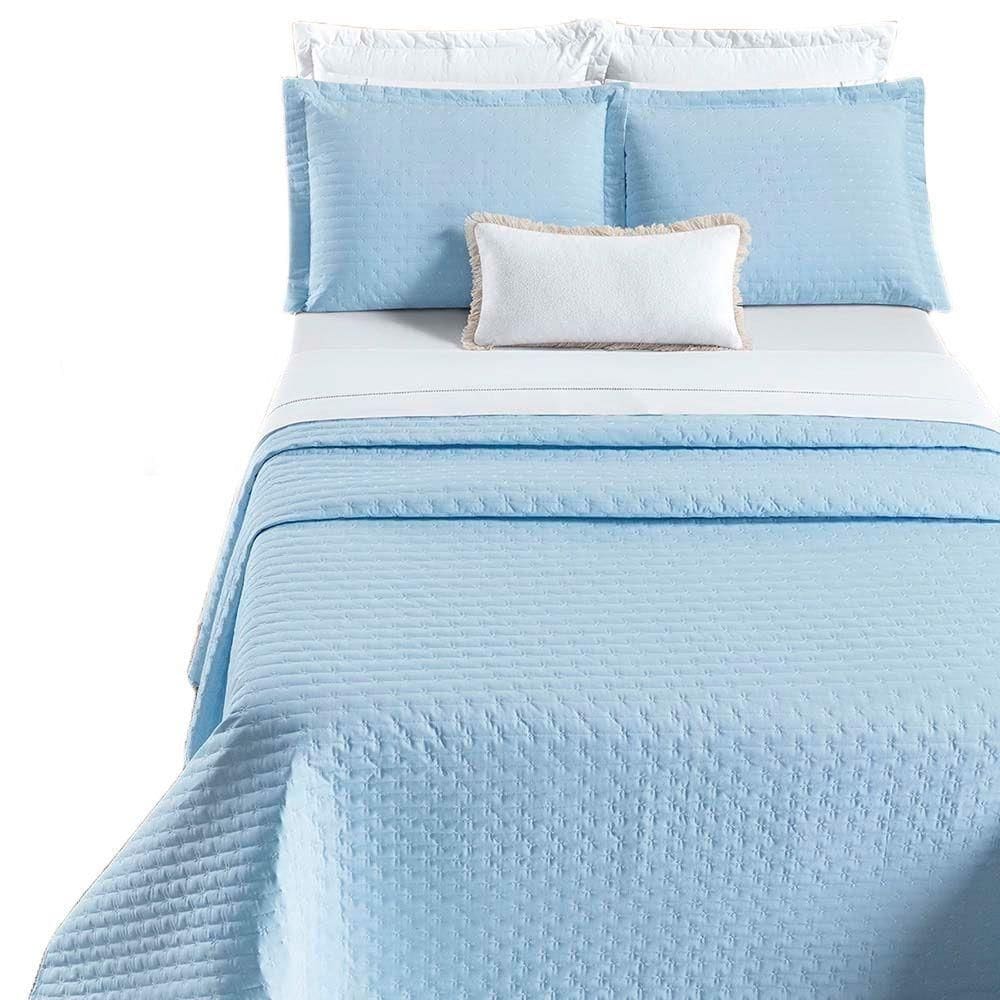 Kit Cobre Leito Colcha Quality Casal 3 Peças Percale 200 Fios Bordado - Azul Céu