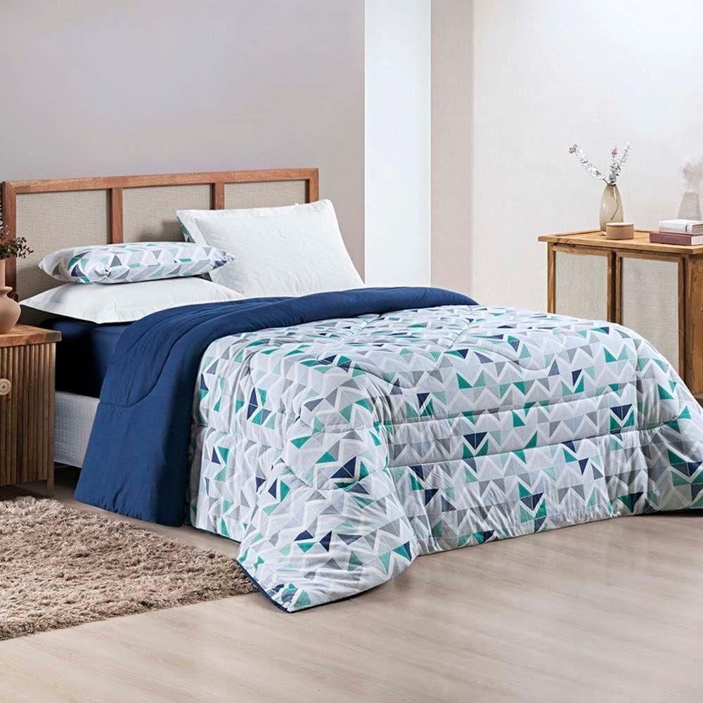 Kit Edredom Grace Queen 01 Peça 100% Algodão Dupla Face Extra Macio Estampado - Azul Geométrico