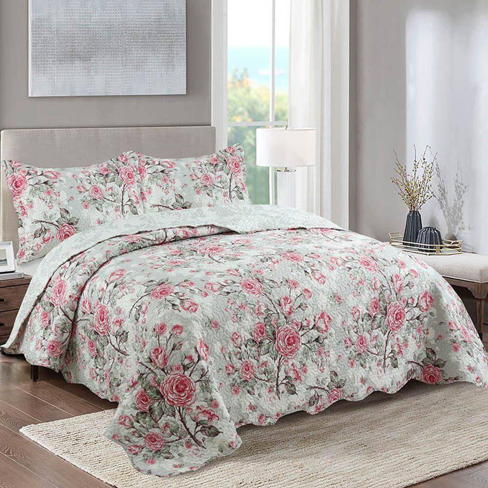 Kit Cobre Leito Colcha Daily Queen 3 Peças Dupla Face Estampado Floral - Stela Cinza