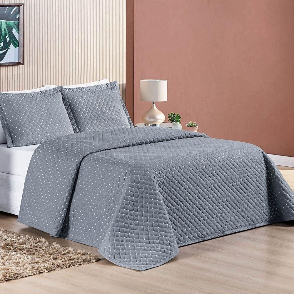 Cobre Leito Prático Padrão Dupla Face 3 Peças - Cinza