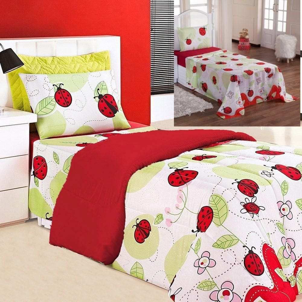 Kit Coordenado Edredom Com Lençol Solteiro Alegria Vermelho