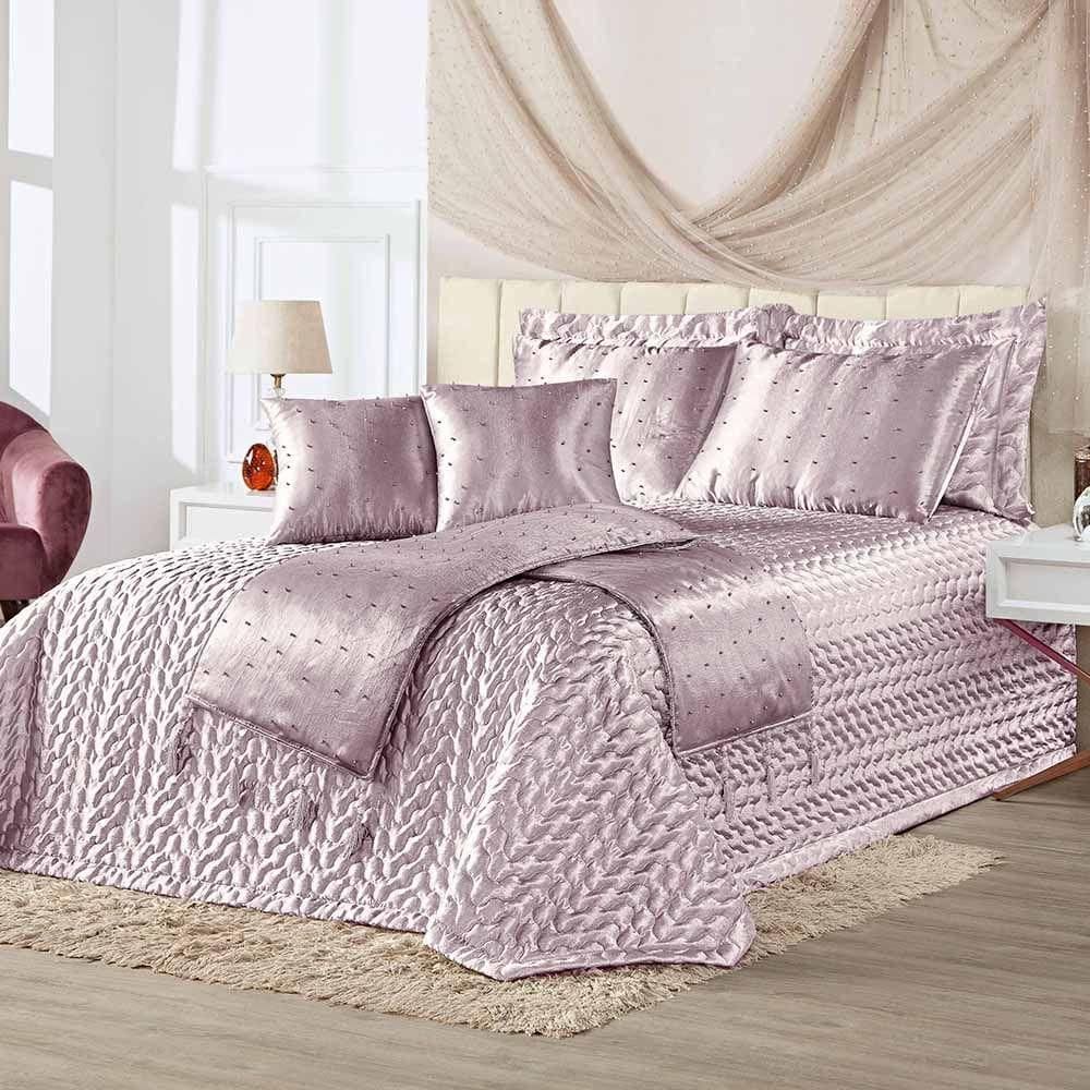 Kit Cobre Leito Colcha Vivian King 10 Peças Cetim Amassado Premium Xale Tule Pérolas - Rose