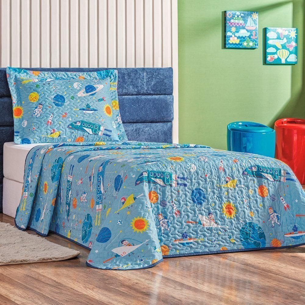 Colcha Cobre Leito Bouti Dupla Face Solteiro Infantil Kids 2 Peças - Astronauta