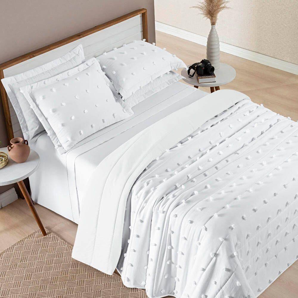 Kit Cobre Leito Colcha Sofist Queen 3 Peças Micropercal 300 Fios Branco