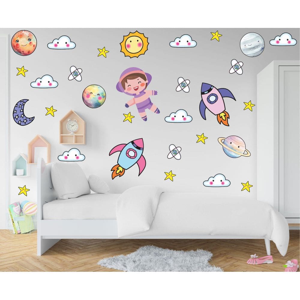 Adesivo De Parede Astronauta Espaço Planetas Foguete Cute