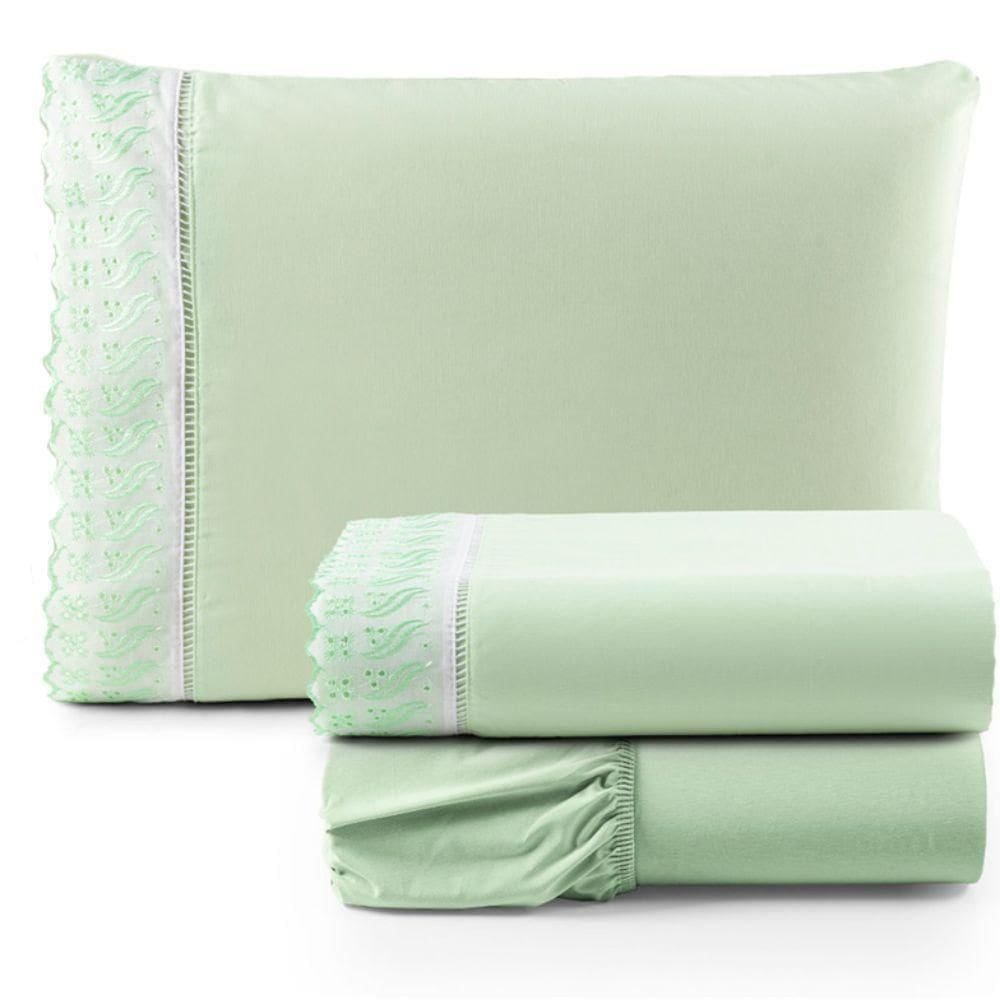 Jogo De Lençol Solteiro 3 Peças Basic Percal 180 Fios Lese Bordado Inglês - Verde
