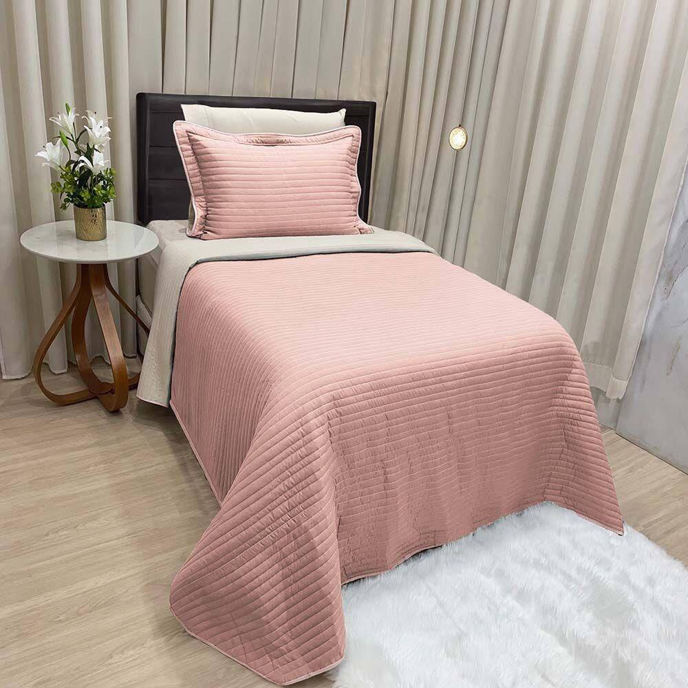 Kit Cobre Leito Colcha Celeste Solteiro 02 Peças Dupla Face Micropercal 200 Fios Prático Liso - Rose