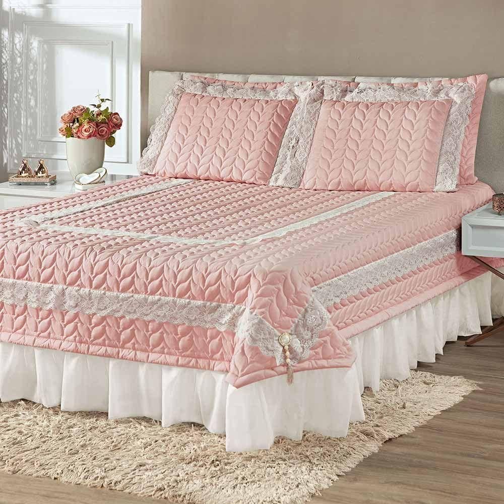 Kit Cobre Leito Colcha Romance Queen 5 Peças Micropercal 200 Fios Matelado Costurado Renda - Rose