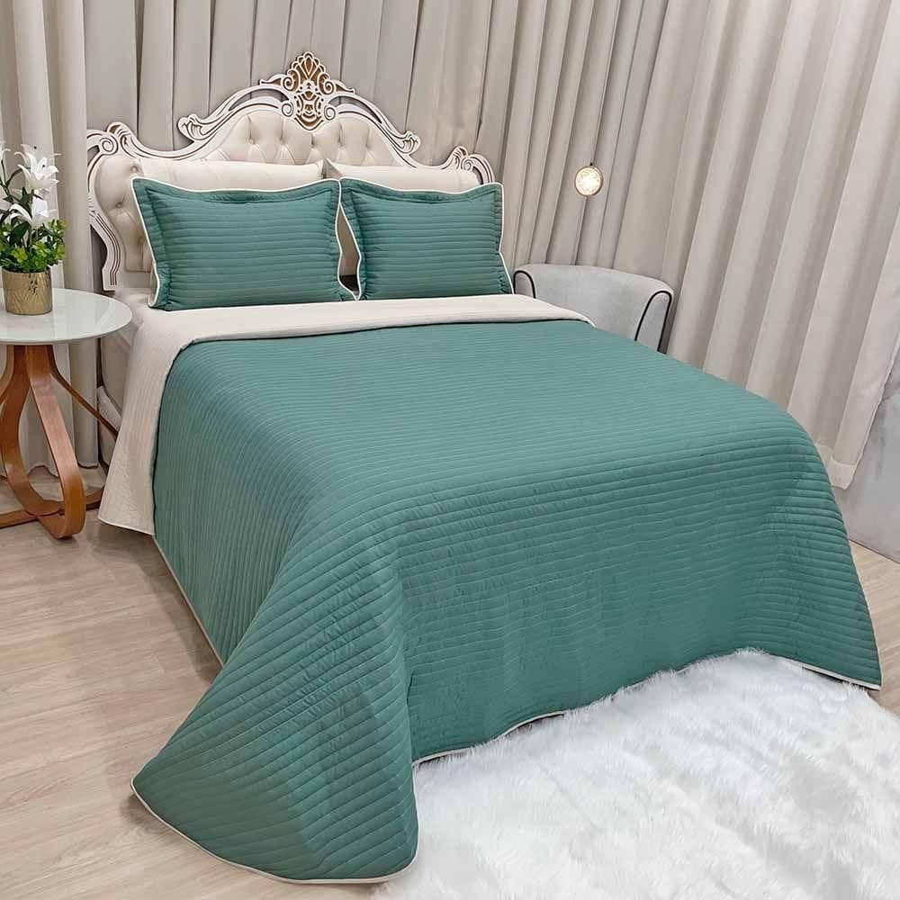 Kit Cobre Leito Colcha Celeste Queen 03 Peças Micropercal 200 Fios Prático Liso - Verde Esmeralda