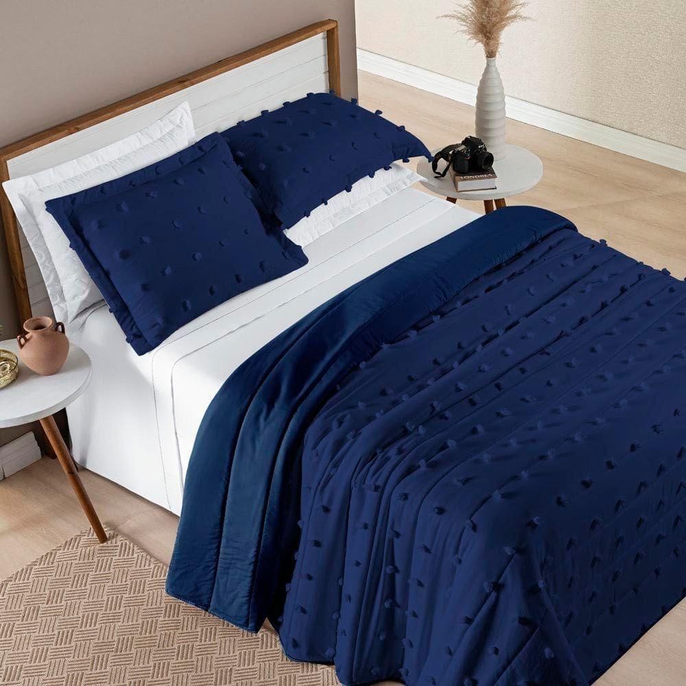 Kit Cobre Leito Colcha Sofist Queen 3 Peças Micropercal 300 Fios Azul Marinho