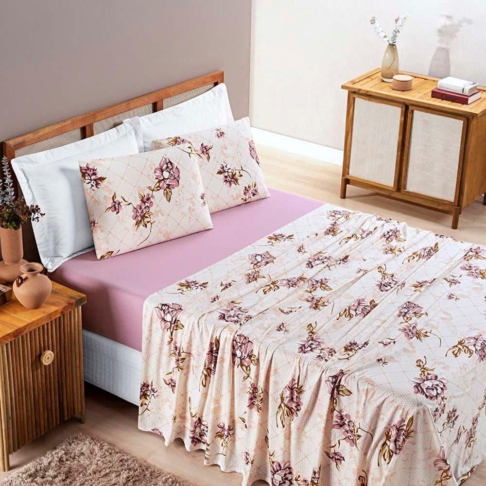 Jogo De Lençol Grace King 4 Peças Malha 100% Algodão Rosê Floral