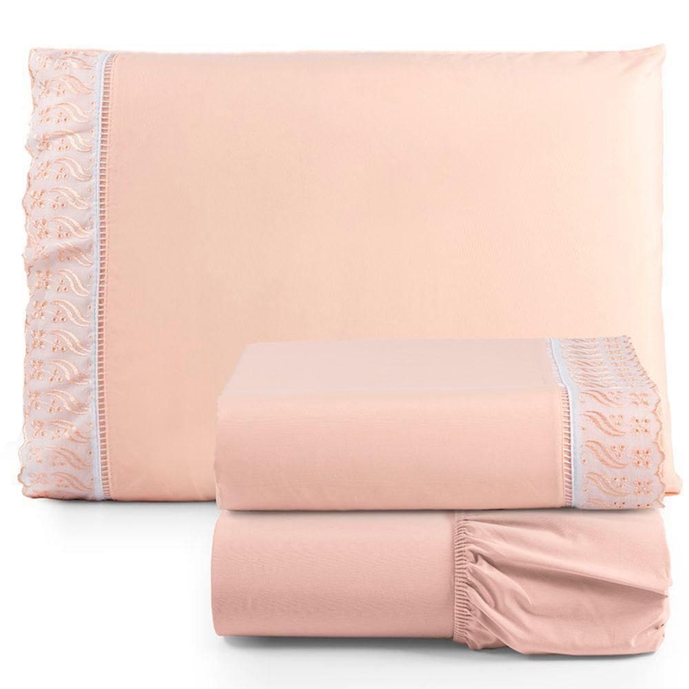 Jogo De Lençol Solteiro 3 Peças Basic Percal 180 Fios Lese Bordado Inglês - Rosê