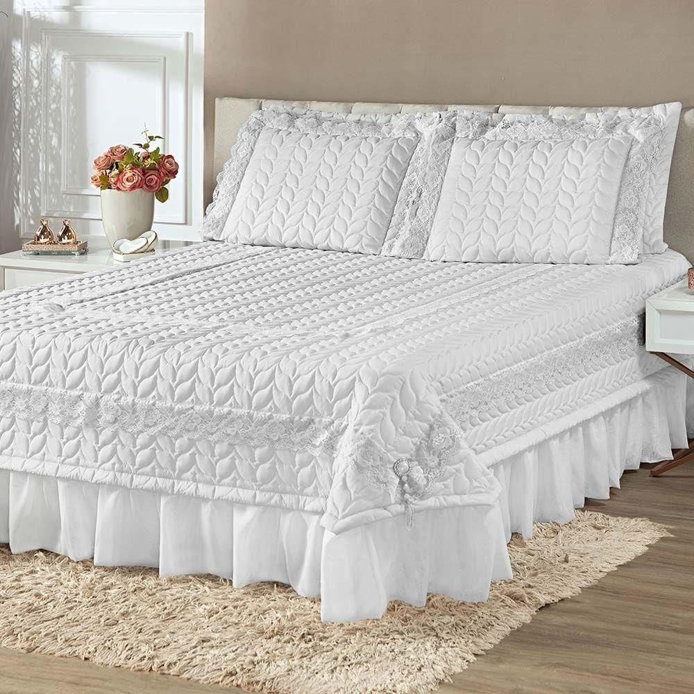 Kit Cobre Leito Colcha Romance Queen 5 Peças Micropercal 200 Fios Matelado Costurado Renda - Branco