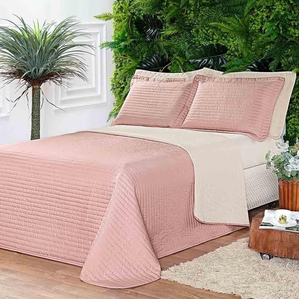 Kit Cobre Leito Colcha Celeste Queen 03 Peças Dupla Face Micropercal 200 Fios Prático Liso - Rose