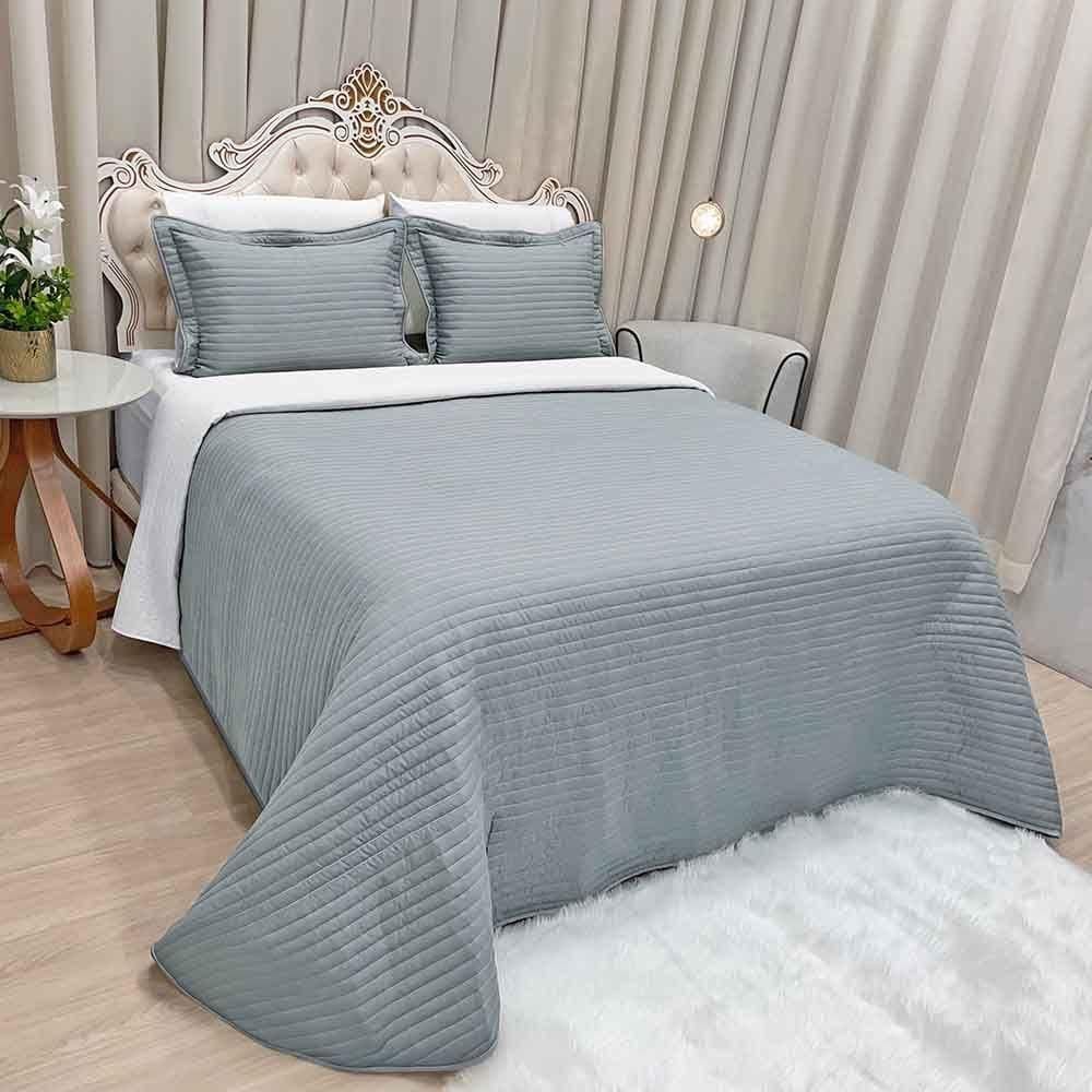 Kit Cobre Leito Colcha Celeste Queen 03 Peças Dupla Face Micropercal 200 Fios Prático Liso - Cinza