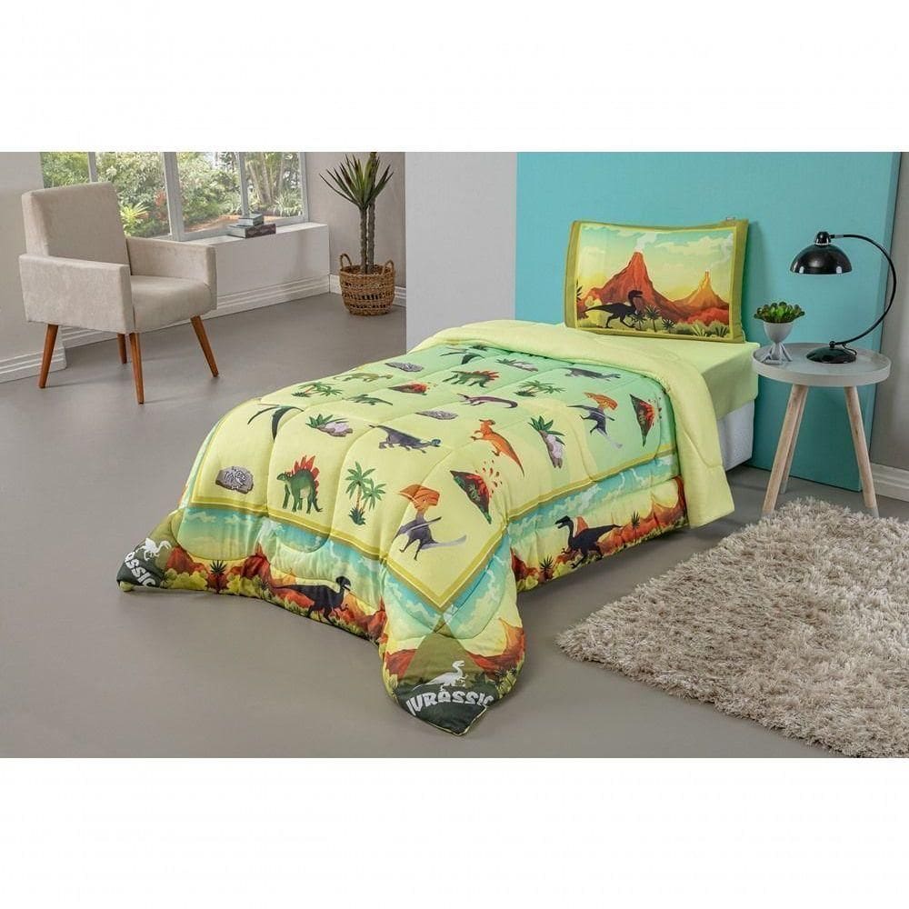 Kit Edredom + Lençol Plush Fofinho Infantil Dupla Face Dream 3 Peças Solteiro - Dinossauro