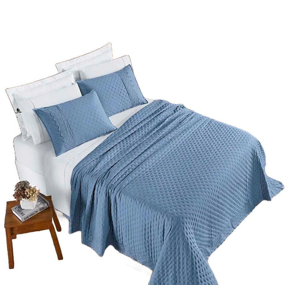 Kit Cobre Leito Colcha Nobre Casal 3 Peças Micrpercal 200 Fios Matelado Lese - Azul Serenity