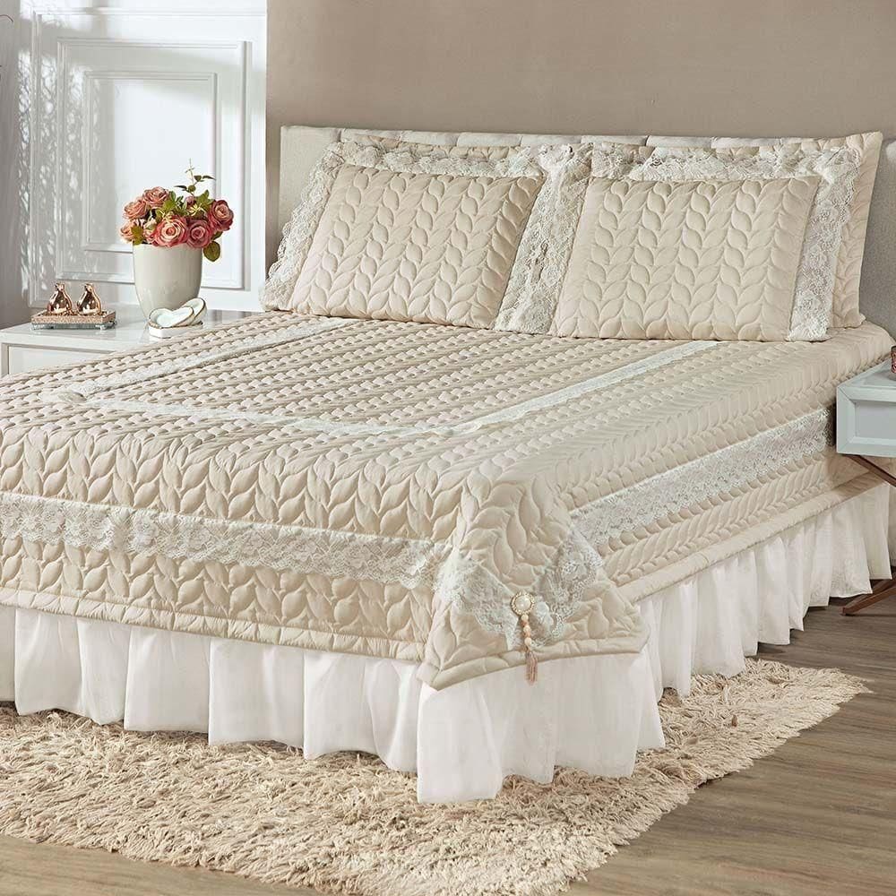 Kit Cobre Leito Colcha Romance King 5 Peças Micropercal 200 Fios Matelado Costurado Renda - Palha
