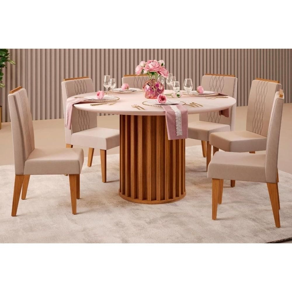 Sala de Jantar Completa Viena Tampo Madeirado c/ Vidro 136cm e 6 Cadeiras Lia Freijo/Off White - Suede Kraft - DJ Móveis