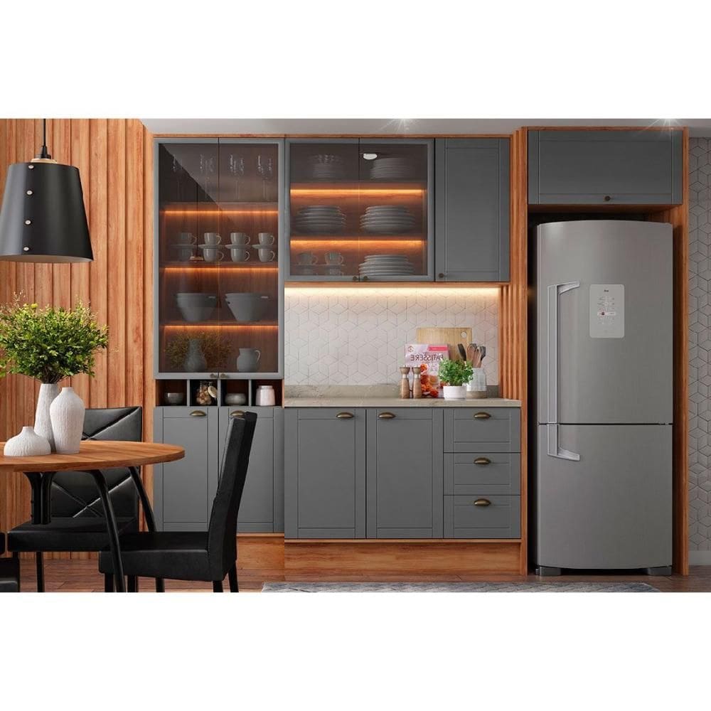 Cozinha Completa Bella 6 Peças (2Aéreos+1Balcão+1Cristaleira+2Complementos) C6P77 Nogal/Cinza - Carraro