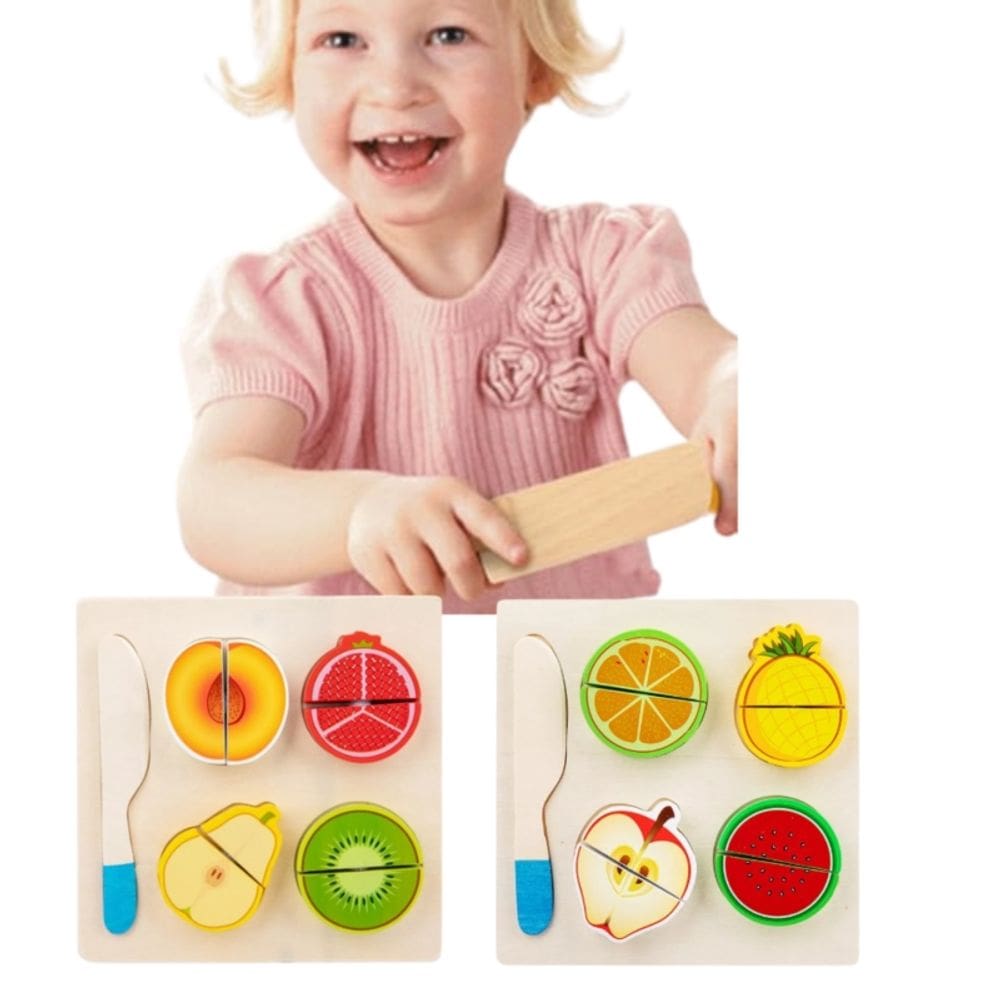 Brinquedo Montessori de corte de frutas de madeira com faca e mesa para crianças