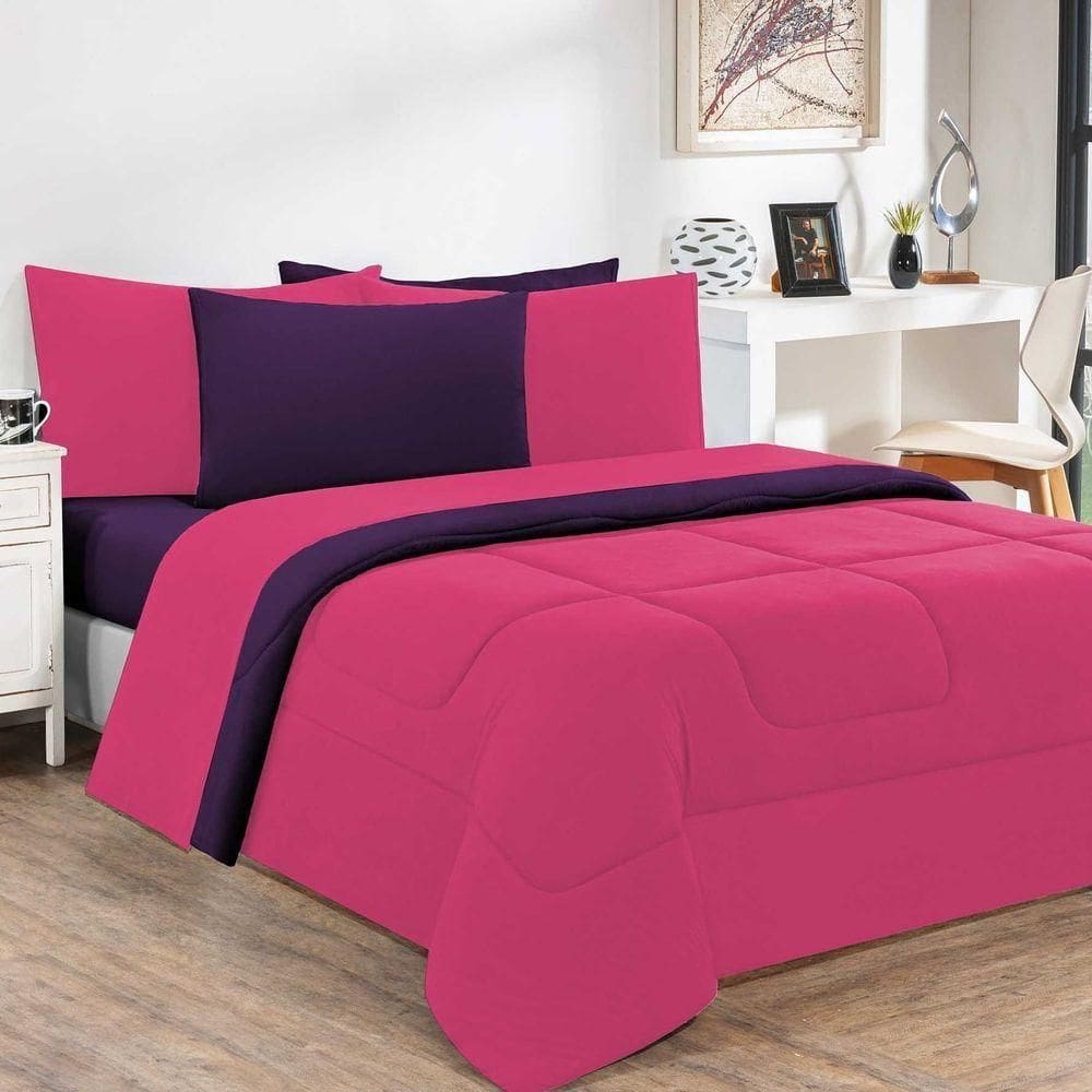 Kit Edredom + Jogo De Lençol Malha 100% Algodão Gran Moratta 7 Peças Queen - Pink -roxo