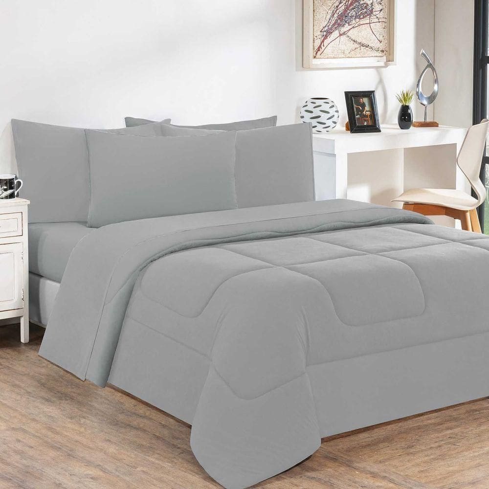 Kit Edredom + Jogo De Lençol Malha 100% Algodão Gran Moratta 4 Peças Solteiro - Cinza-cinza