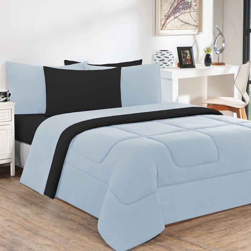 Kit Edredom + Jogo De Lençol 100% Algodão Gran Moratta 7 Peças Queen Azul Bebê-preto