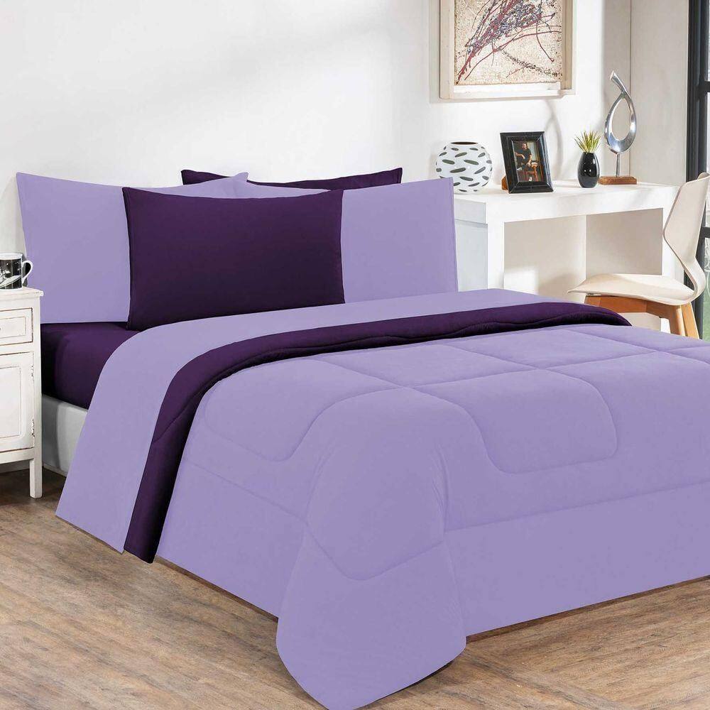 Kit Edredom + Jogo De Lençol Malha 100% Algodão Gran Moratta 6 Peças King - Lilás-roxo
