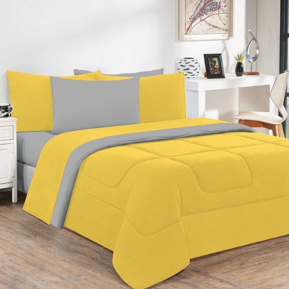 Kit Edredom + Jogo De Lençol Malha 100% Algodão Gran Moratta 5 Peças Solteiro - Amarelo-cinza