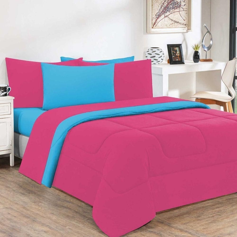 Kit Edredom + Jogo De Lençol Malha 100% Algodão Gran Moratta 6 Peças King - Pink -azul Turquesa