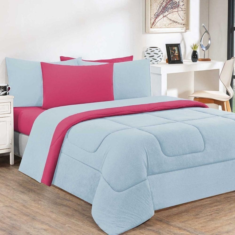 Kit Edredom + Jogo De Lençol Malha 100% Algodão Gran Moratta 7 Peças King - Azul Bebê-pink