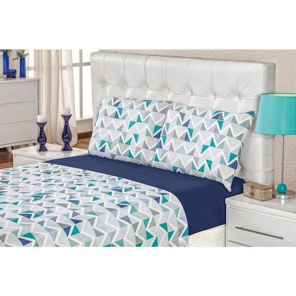 Jogo De Cama Malha Solteiro Quality 03 Peças - Geométrico Azul