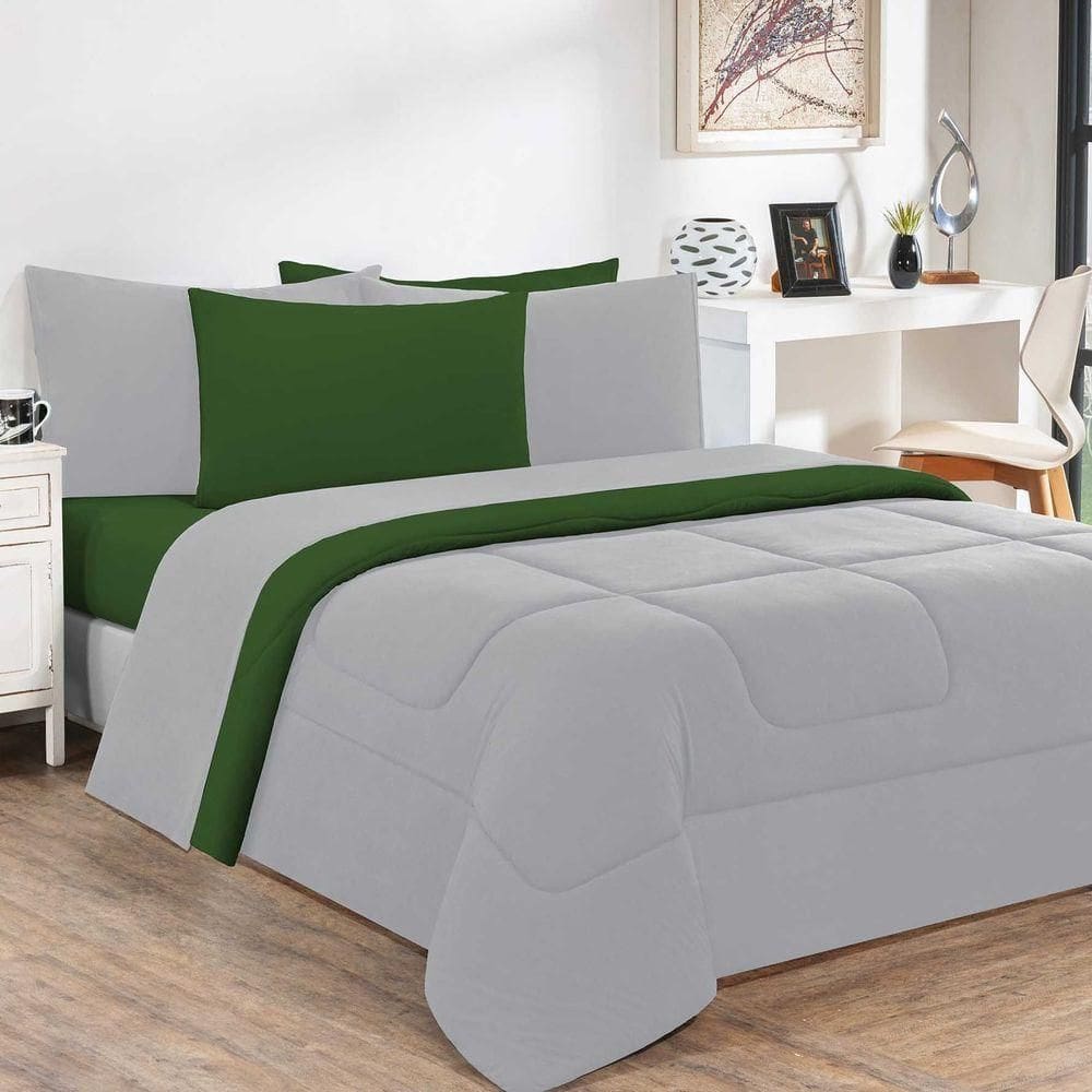 Kit Edredom Jogo De Lençol Malha 100% Algodão Gran Moratta 7 Peças Queen Cinza-verde Bandeira